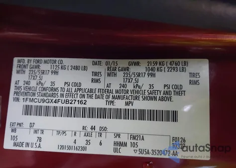 2015 Ford Escape Se from USA, damaged, VIN 1FMCU9GX4FUB27162